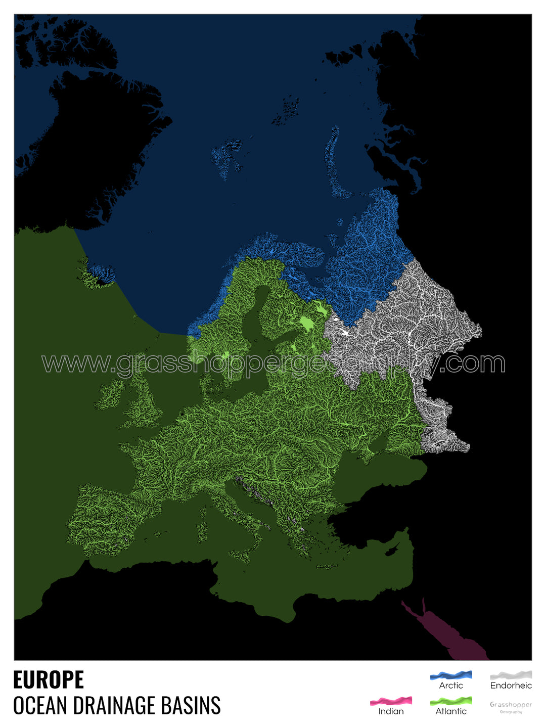 Europa - Mapa de la cuenca hidrográfica del océano, negro con leyenda v2 - Impresión de bellas artes