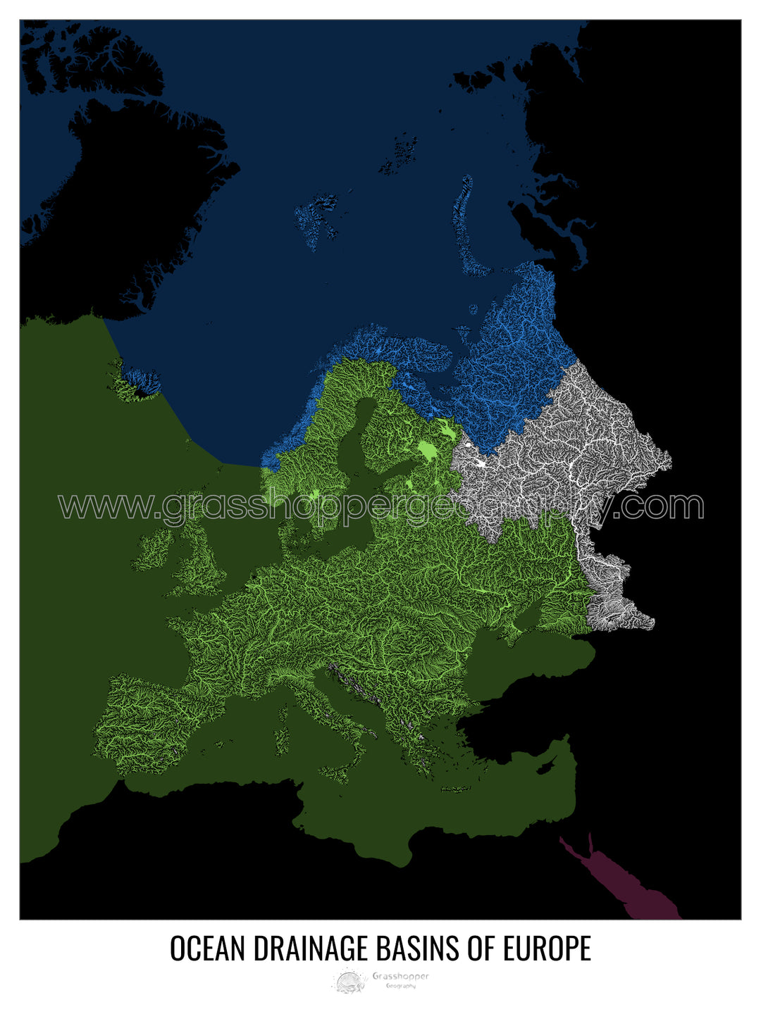 Europe - Carte des bassins hydrographiques océaniques, noir v2 - Tirage photo artistique