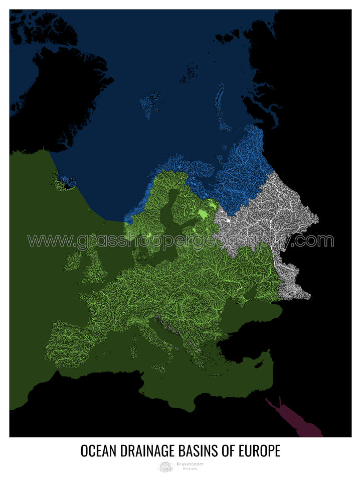 Europa - Mapa de la cuenca hidrográfica del océano, negro v2 - Impresión fotográfica