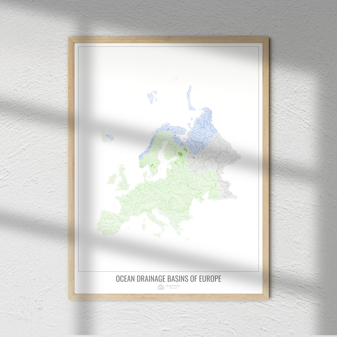 Europa - Mapa de la cuenca hidrográfica del océano, blanco v1 - Impresión fotográfica