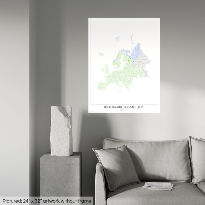 Europa - Mapa de la cuenca hidrográfica del océano, blanco v1 - Impresión de bellas artes