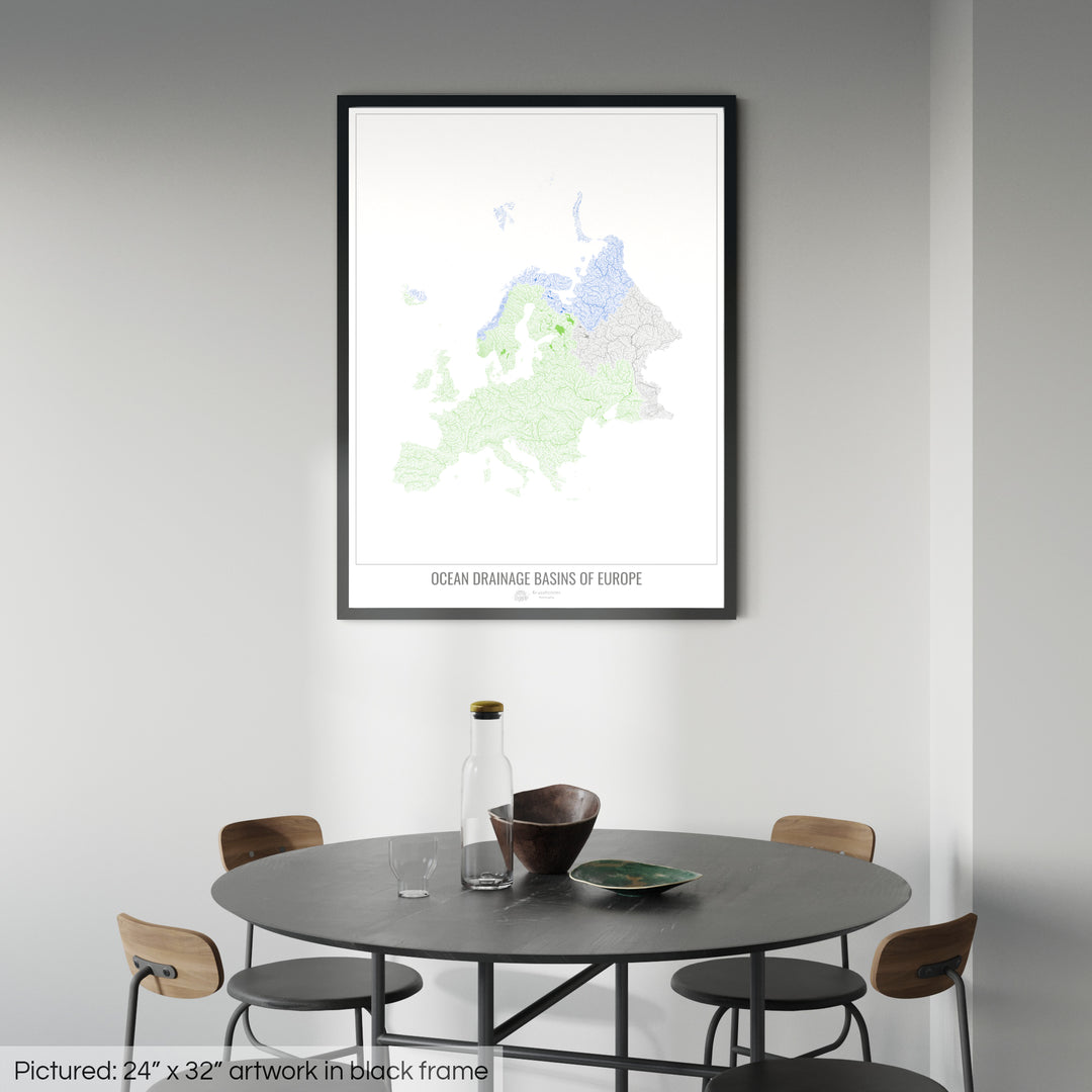 Europe - Carte des bassins versants océaniques, blanc v1 - Impression encadrée