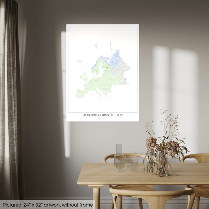 Europe - Carte des bassins hydrographiques océaniques, blanc v1 - Tirage photo artistique