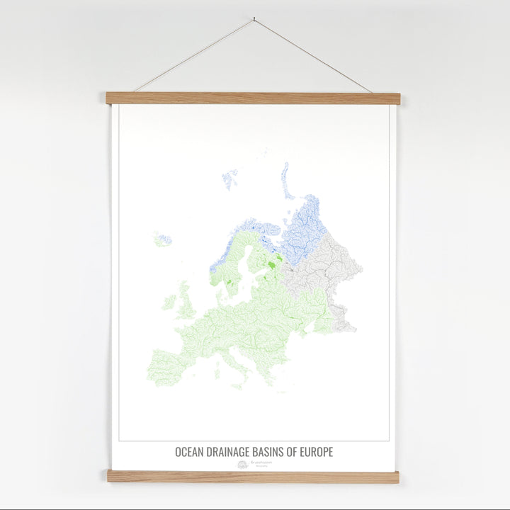 Europa - Mapa de la cuenca hidrográfica del océano, blanco v1 - Impresión artística con colgador