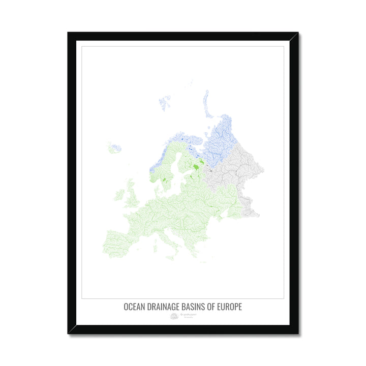 Europa - Mapa de la cuenca hidrográfica del océano, blanco v1 - Lámina enmarcada