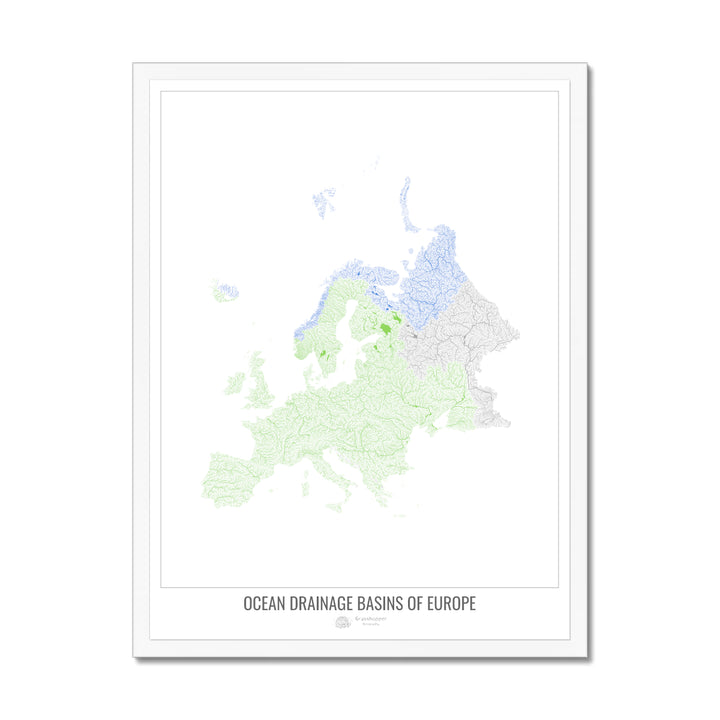 Europa - Mapa de la cuenca hidrográfica del océano, blanco v1 - Lámina enmarcada
