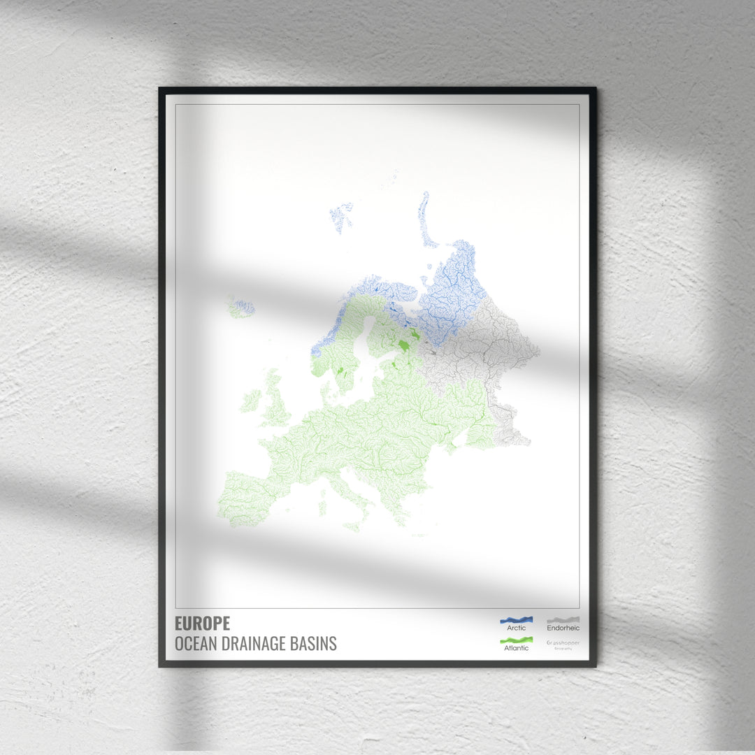 Europe - Carte des bassins versants océaniques, blanche avec légende v1 - Tirage photo artistique