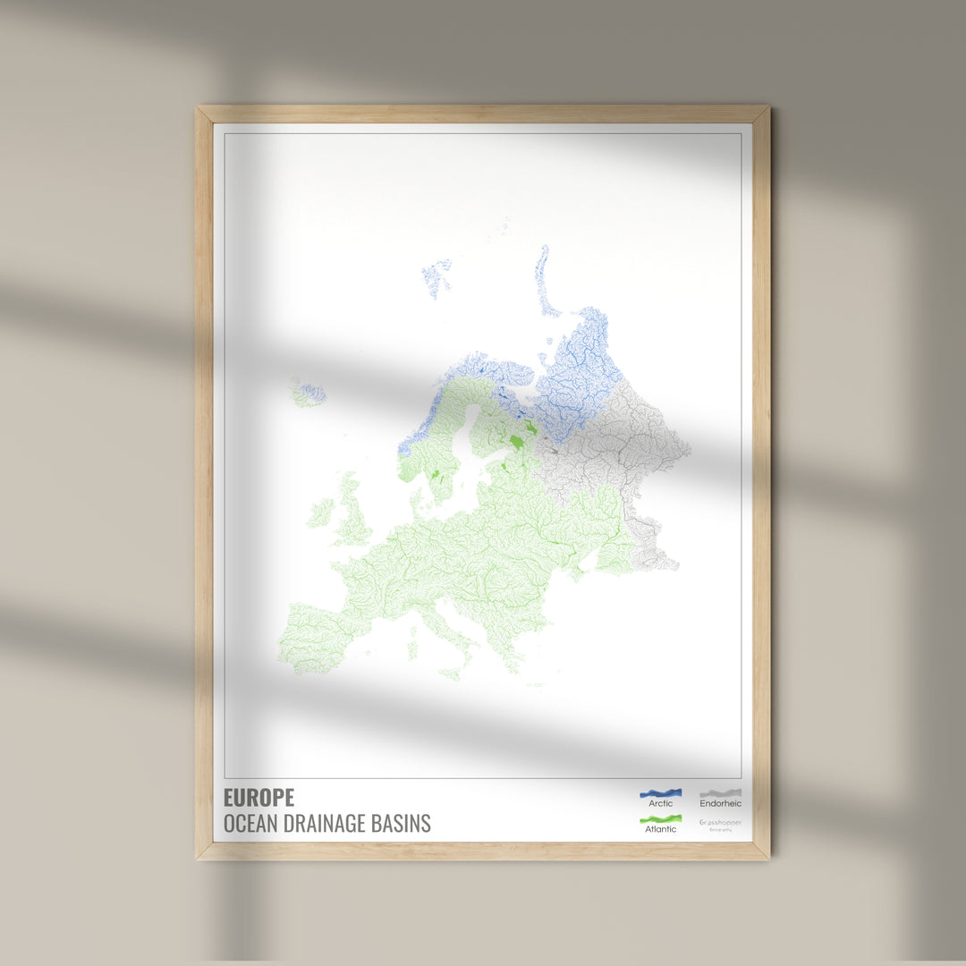 Europa - Mapa de la cuenca hidrográfica del océano, blanco con leyenda v1 - Impresión de bellas artes