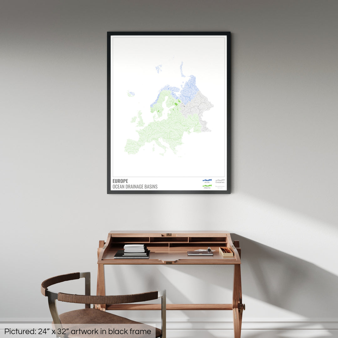 Europa - Mapa de la cuenca hidrográfica del océano, blanco con leyenda v1 - Lámina enmarcada