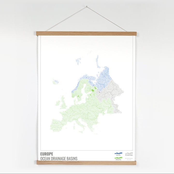 Europe - Carte des bassins hydrographiques océaniques, blanche avec légende v1 - Tirage d'art avec cintre