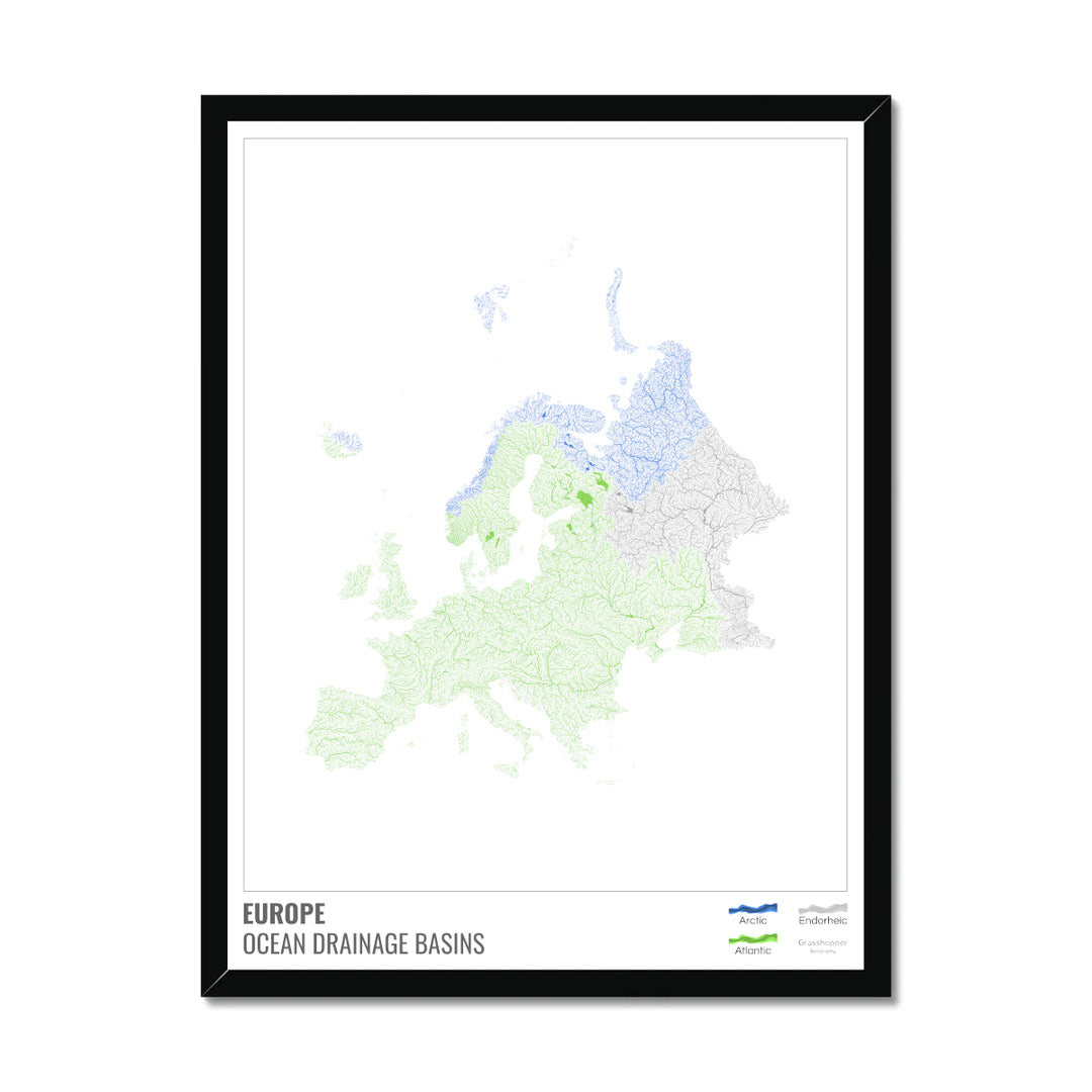 Europe - Ocean drainage basin map, white with legend v1 - Framed Print