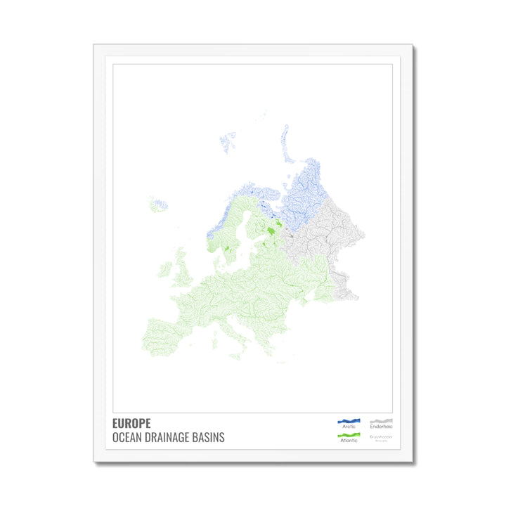 Europe - Ocean drainage basin map, white with legend v1 - Framed Print