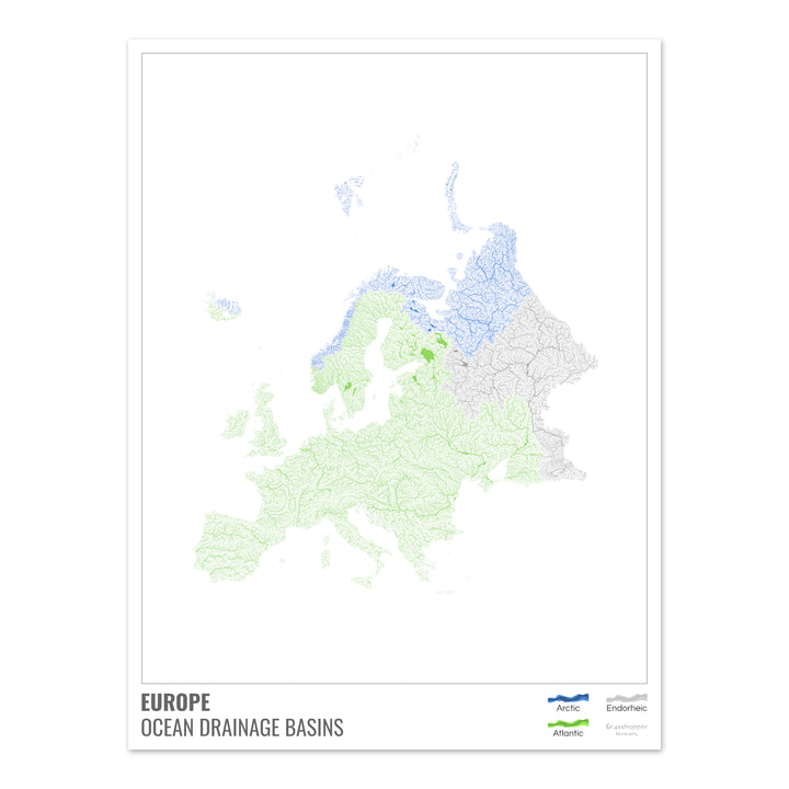 Europe - Ocean drainage basin map, white with legend v1 - Fine Art Print