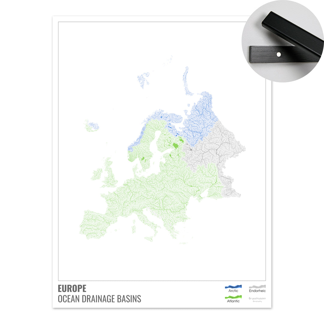 Europe - Carte des bassins hydrographiques océaniques, blanche avec légende v1 - Tirage d'art avec cintre