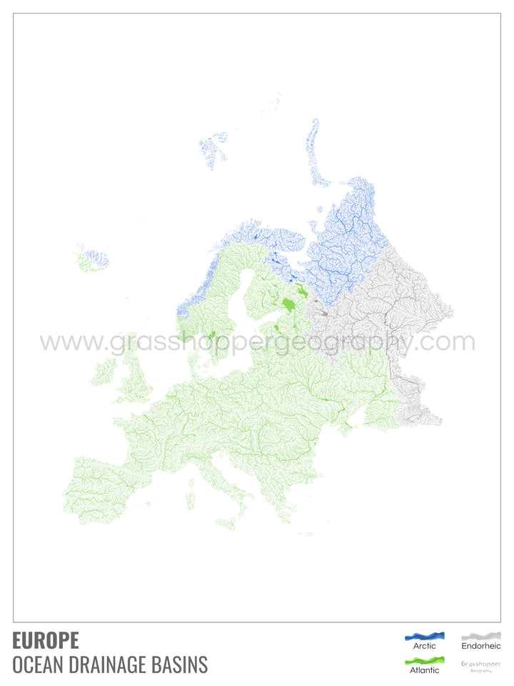 Europa - Mapa de la cuenca hidrográfica del océano, blanco con leyenda v1 - Impresión fotográfica