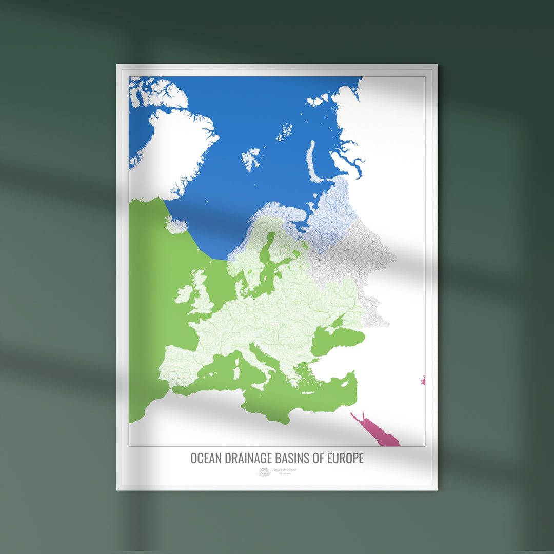 Europa - Mapa de la cuenca hidrográfica del océano, blanco v2 - Impresión de bellas artes