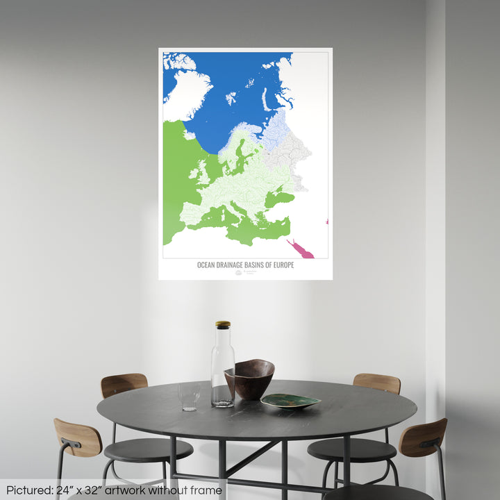 Europe - Carte des bassins hydrographiques océaniques, blanc v2 - Tirage photo artistique
