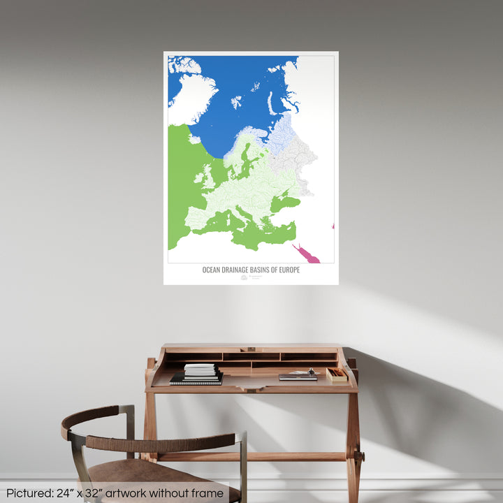 Europe - Carte des bassins hydrographiques océaniques, blanc v2 - Fine Art Print