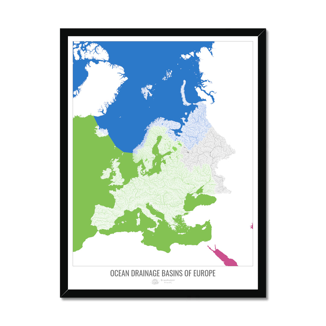 Europe - Ocean drainage basin map, white v2 - Framed Print