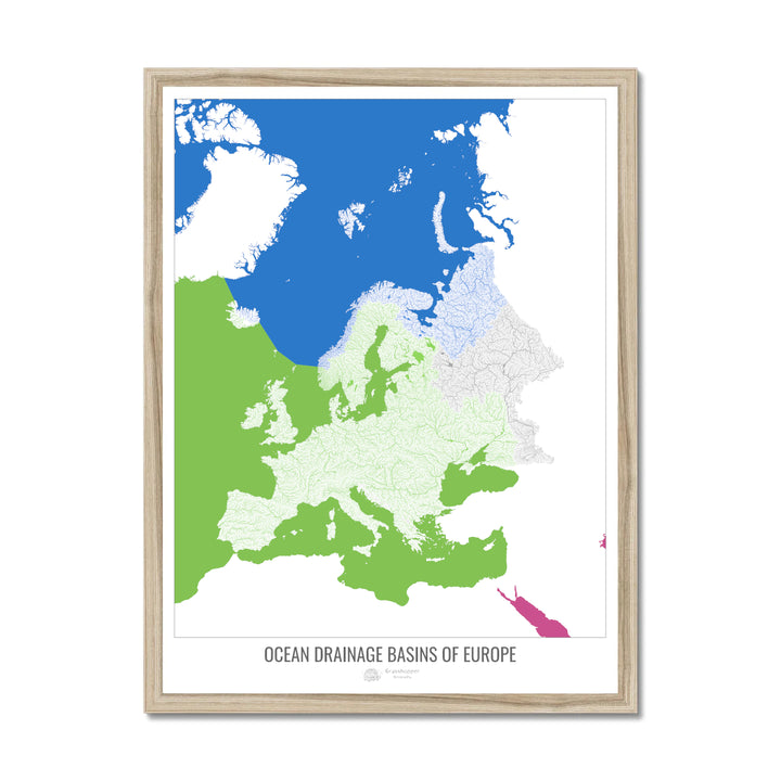 Europa - Mapa de la cuenca hidrográfica del océano, blanco v2 - Lámina enmarcada