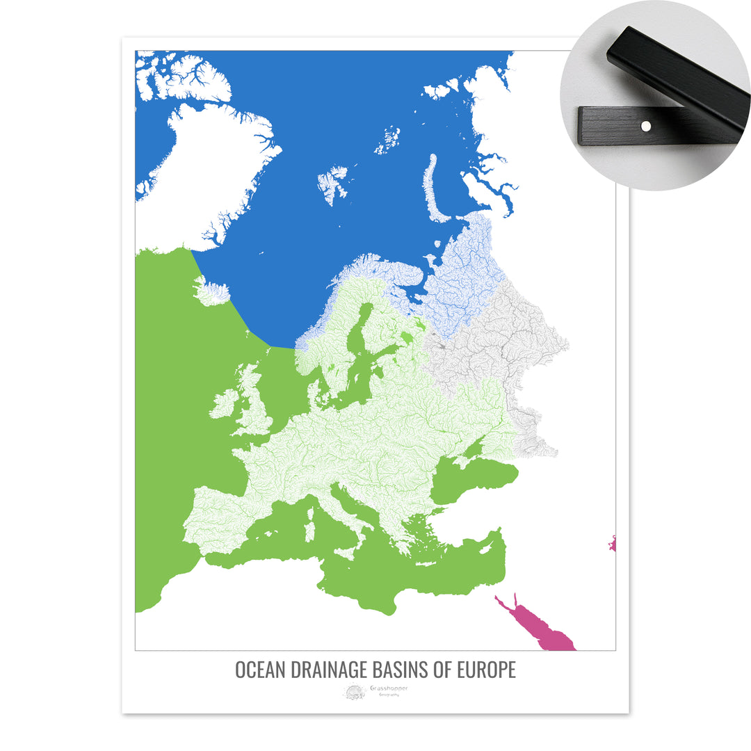 Europa - Mapa de la cuenca hidrográfica del océano, blanco v2 - Impresión artística con colgador