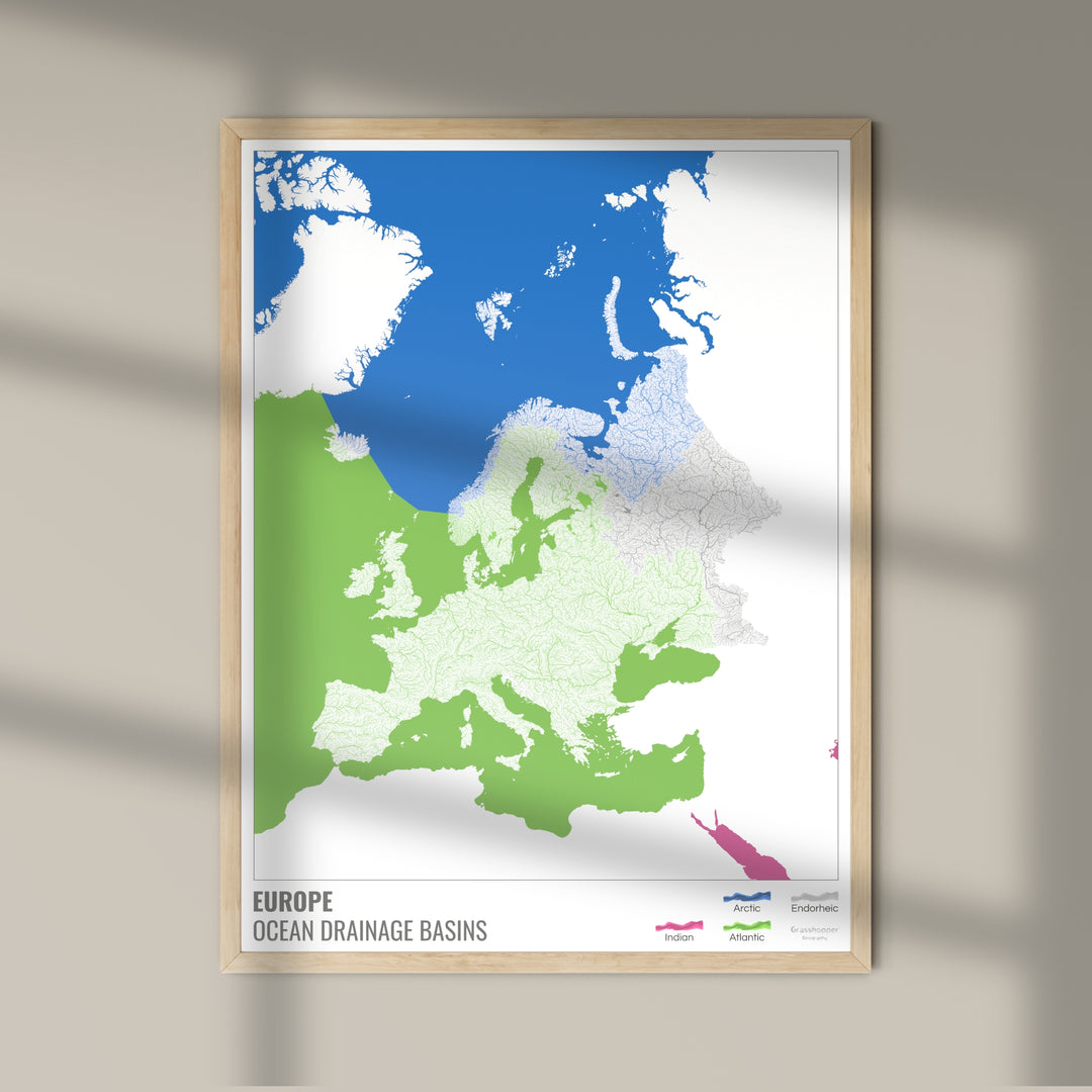 Europa - Mapa de la cuenca hidrográfica del océano, blanco con leyenda v2 - Impresión fotográfica