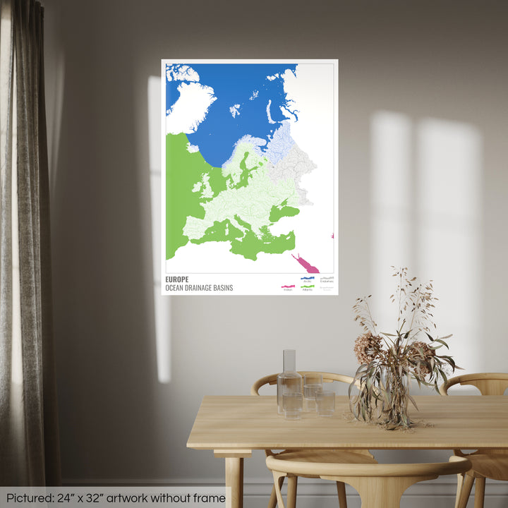 Europa - Mapa de la cuenca hidrográfica del océano, blanco con leyenda v2 - Impresión fotográfica
