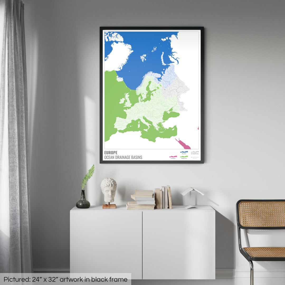 Europa - Mapa de la cuenca hidrográfica del océano, blanco con leyenda v2 - Lámina enmarcada