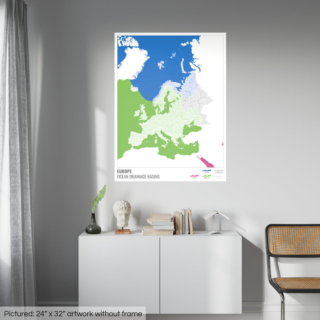 Europa - Mapa de la cuenca hidrográfica del océano, blanco con leyenda v2 - Impresión de bellas artes