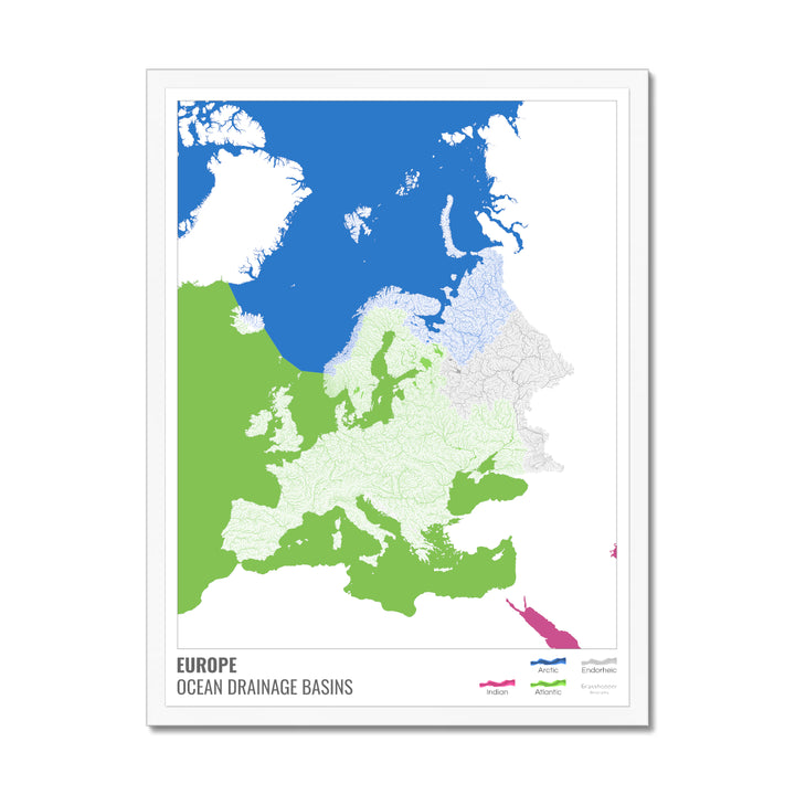 Europe - Ocean drainage basin map, white with legend v2 - Framed Print