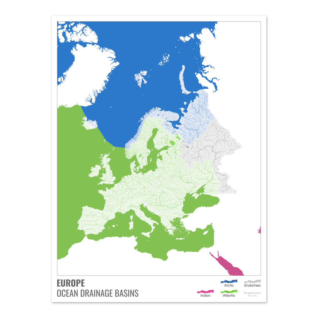 Europe - Carte des bassins hydrographiques océaniques, blanche avec légende v2 - Tirage photo artistique