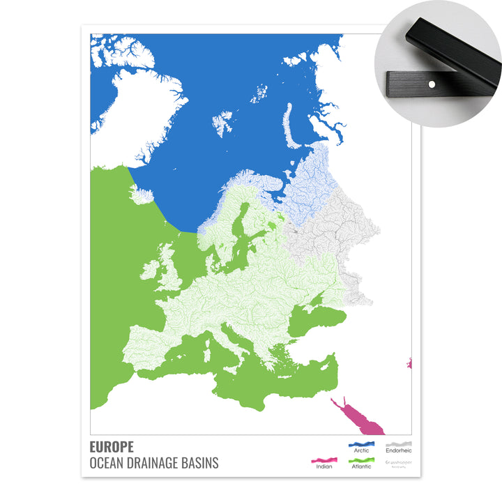 Europa - Mapa de la cuenca hidrográfica del océano, blanco con leyenda v2 - Impresión artística con colgador