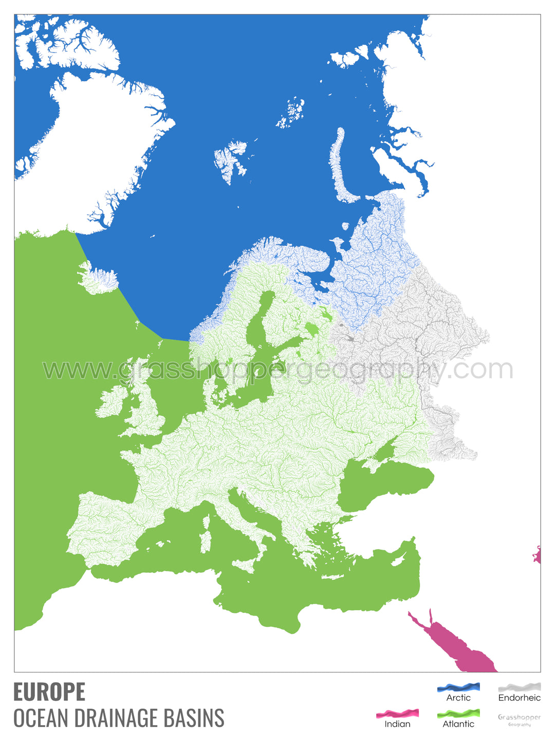 Europa - Mapa de la cuenca hidrográfica del océano, blanco con leyenda v2 - Impresión fotográfica