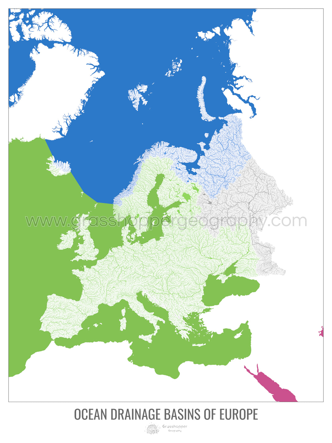 Europa - Mapa de la cuenca hidrográfica del océano, blanco v2 - Impresión fotográfica