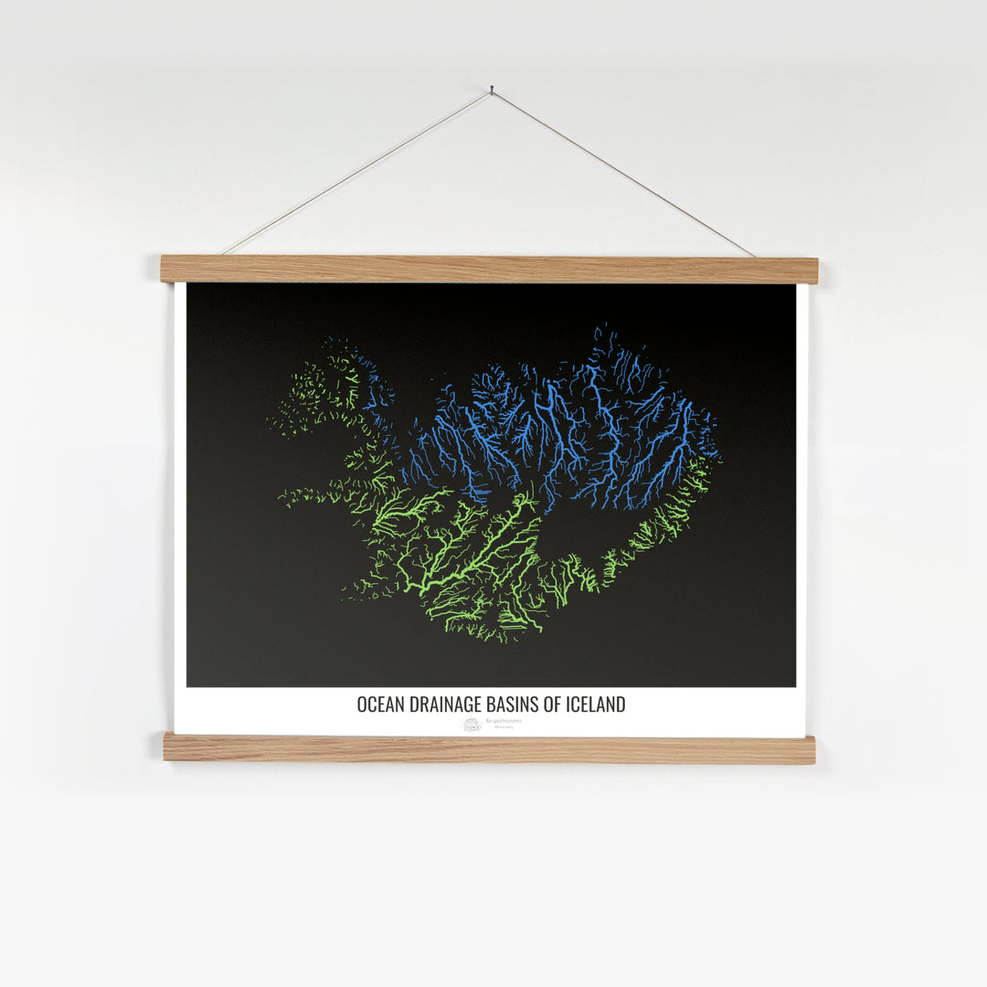 Iceland - Ocean drainage basin map, black v1 - Fine Art Print with Hanger