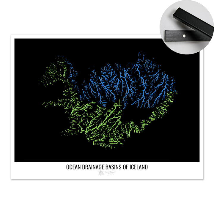 Iceland - Ocean drainage basin map, black v1 - Fine Art Print with Hanger