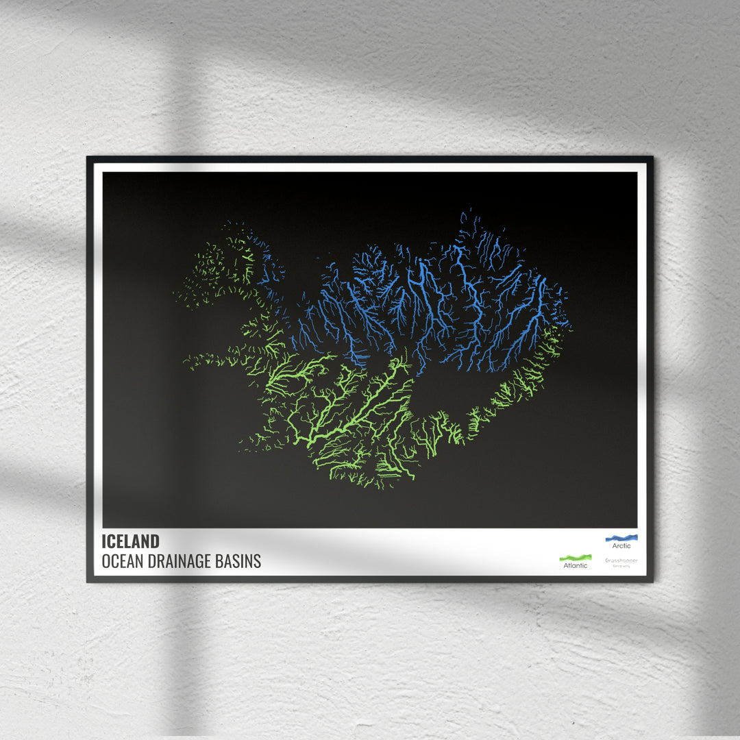 Islande - Carte des bassins hydrographiques océaniques, noire avec légende v1 - Tirage photo artistique