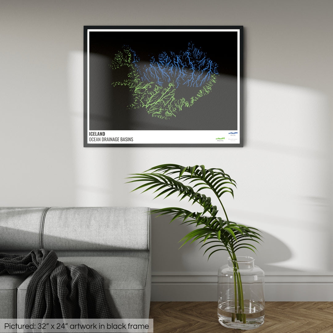 Iceland - Ocean drainage basin map, black with legend v1 - Framed Print