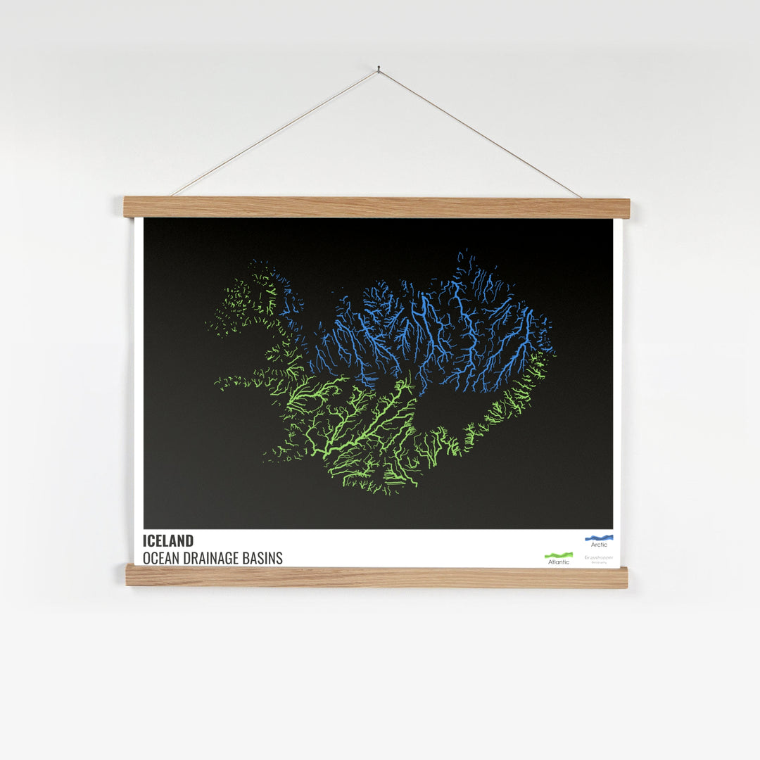 Islande - Carte des bassins versants océaniques, noire avec légende v1 - Tirage d'art avec cintre