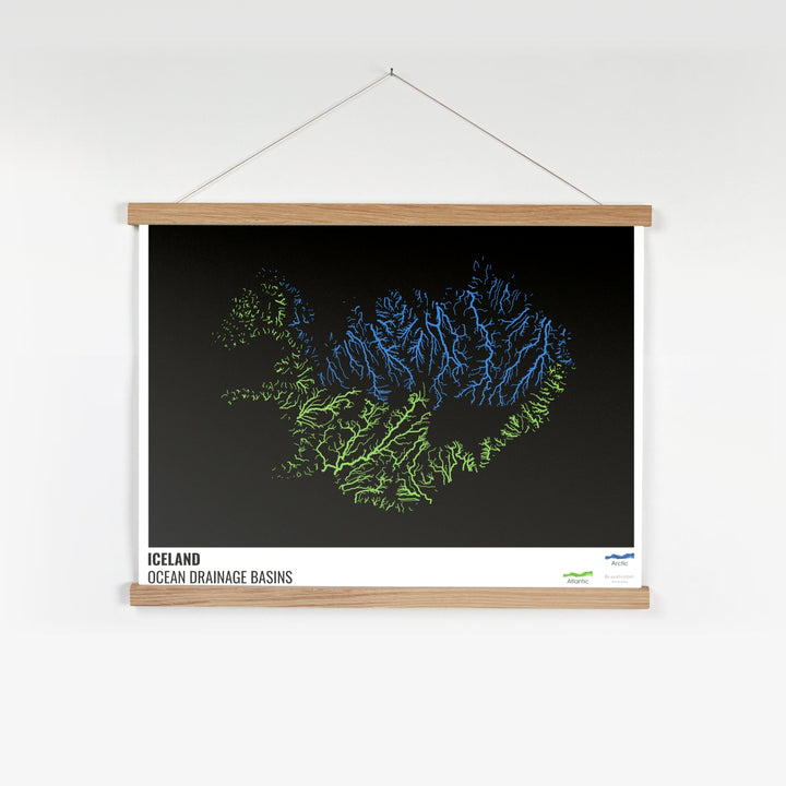 Islande - Carte des bassins versants océaniques, noire avec légende v1 - Tirage d'art avec cintre