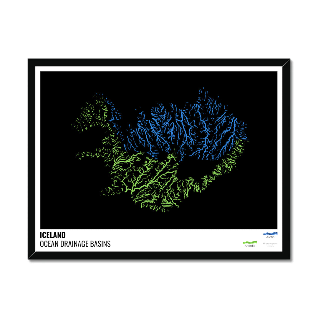 Islandia - Mapa de la cuenca hidrográfica del océano, negro con leyenda v1 - Lámina enmarcada
