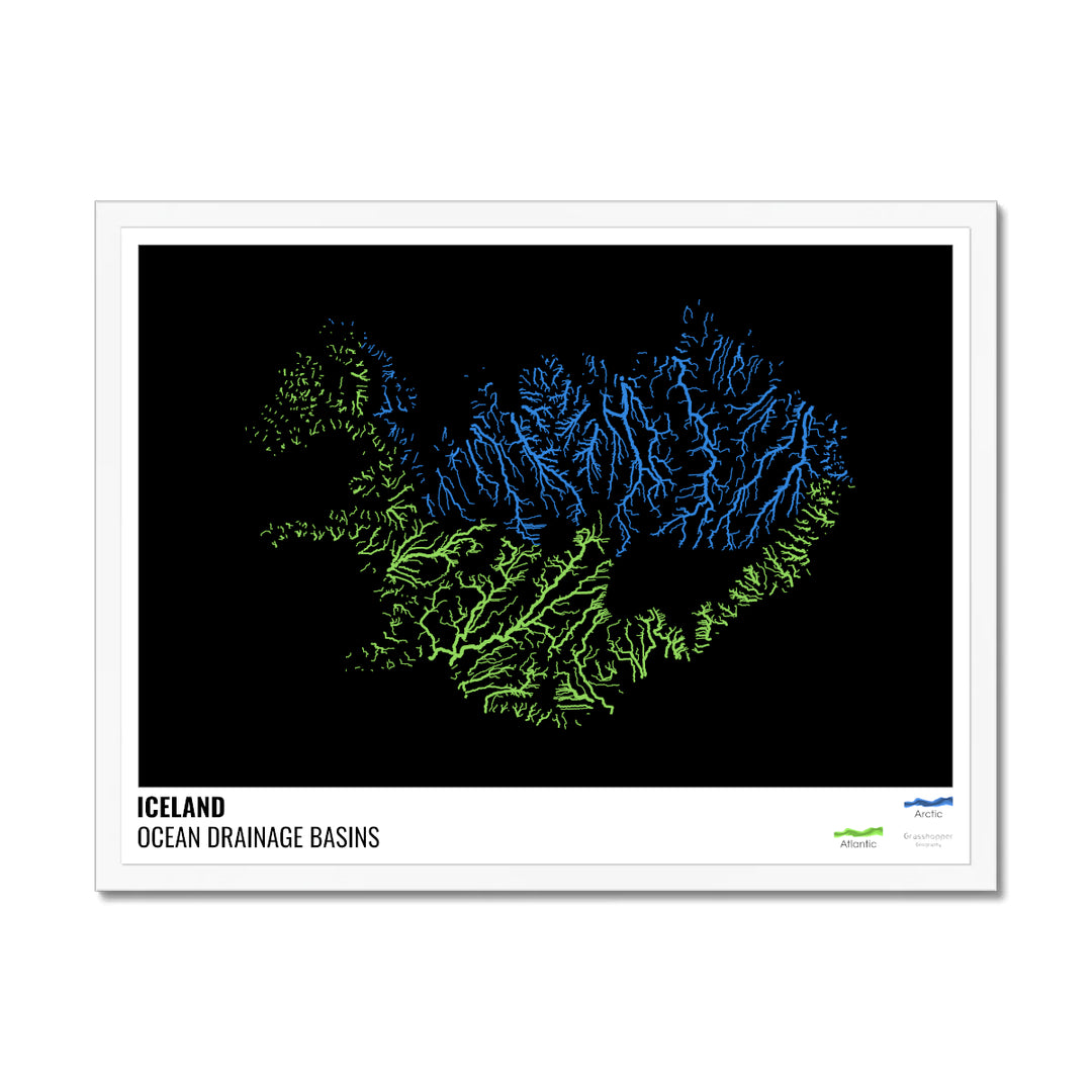 Islandia - Mapa de la cuenca hidrográfica del océano, negro con leyenda v1 - Lámina enmarcada