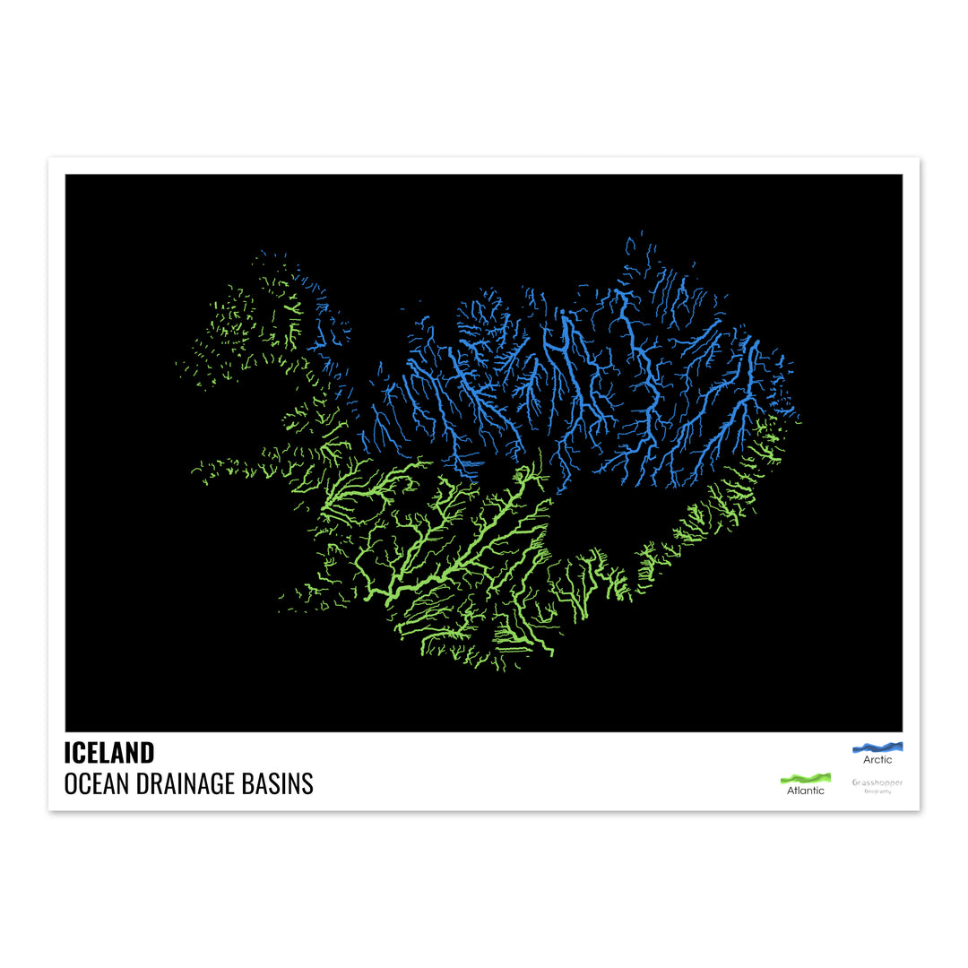 Islandia - Mapa de la cuenca hidrográfica del océano, negro con leyenda v1 - Impresión fotográfica
