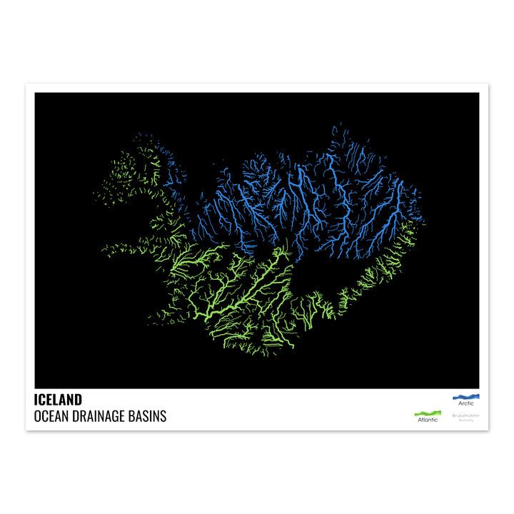 Islandia - Mapa de la cuenca hidrográfica del océano, negro con leyenda v1 - Impresión fotográfica
