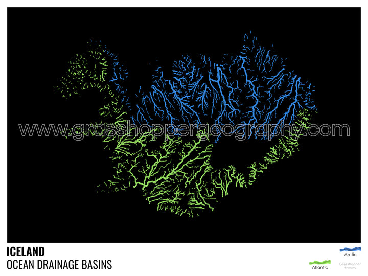 Islande - Carte des bassins hydrographiques océaniques, noire avec légende v1 - Tirage photo artistique