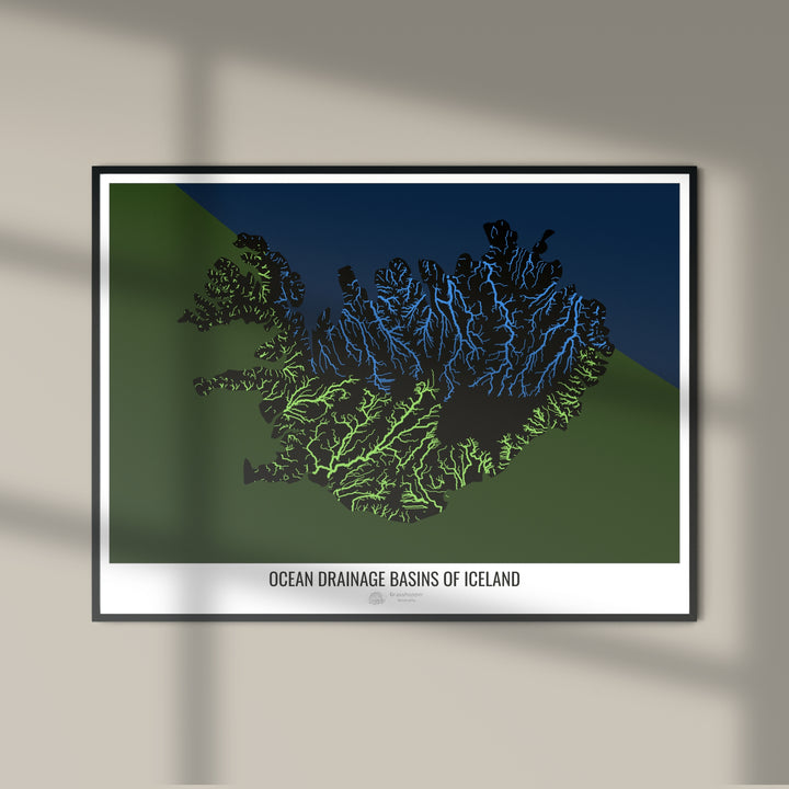 冰岛 - 海洋流域地图，黑色 v2 - 摄影艺术印刷
