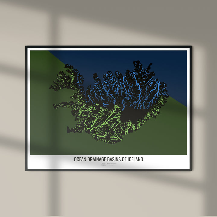 Iceland - Ocean drainage basin map, black v2 - Photo Art Print