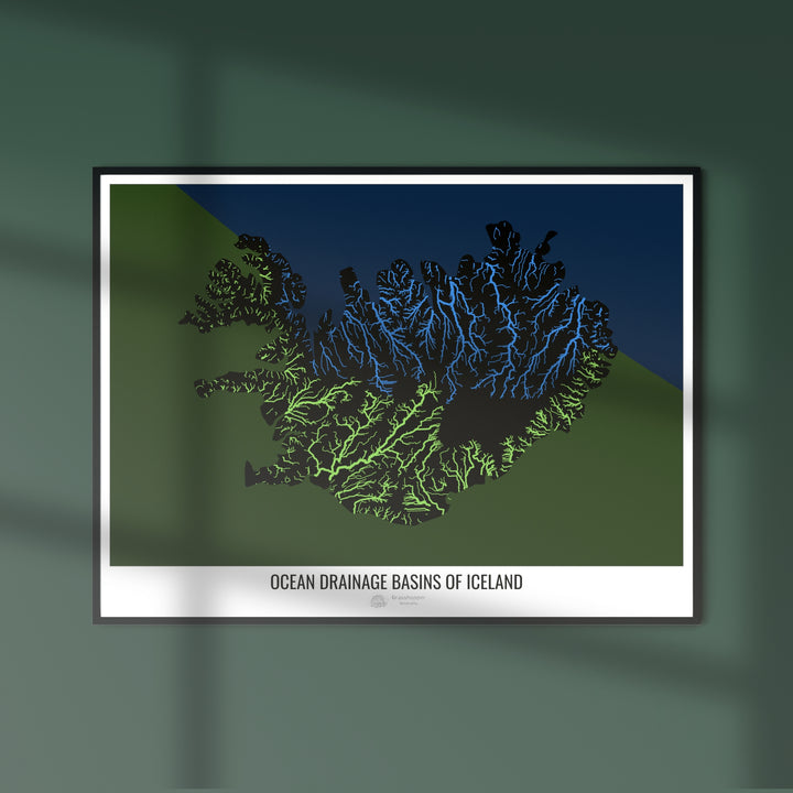 Islande - Carte des bassins hydrographiques océaniques, noir v2 - Fine Art Print