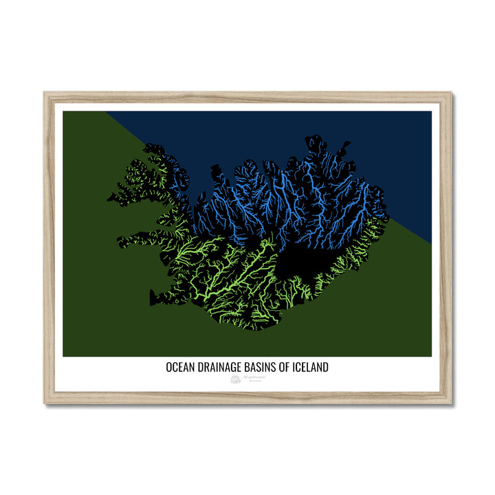 Iceland - Ocean drainage basin map, black v2 - Framed Print