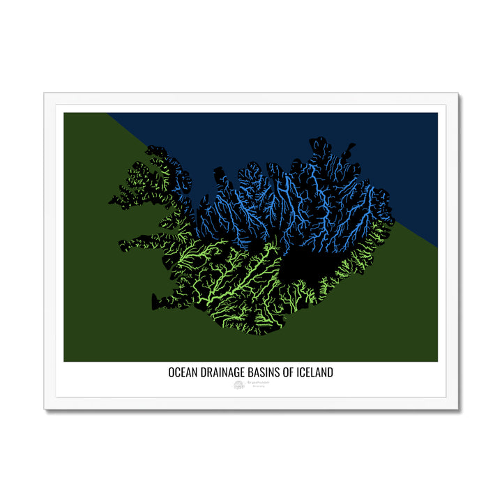 Iceland - Ocean drainage basin map, black v2 - Framed Print
